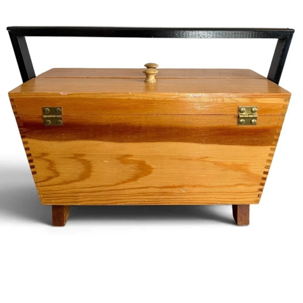 Vintage Wooden Sewing Box Caddy Dovetail Joint Storage Basket with Handle